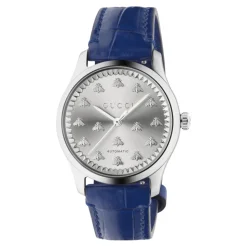 38 mm stålkasse, solbørstet urskive med bier, blå farvet alligatorrem