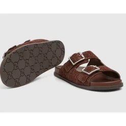 Brun Læder Flade Såler Slides