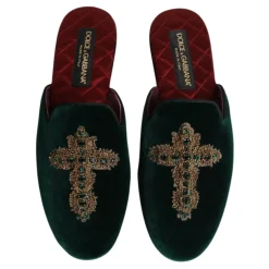 Grøn Velvet Cross Embellished Slippers