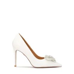 Hvide læderpumps med glitrende blomst