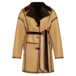 Knaplukket Vendbar Lang Frakke i Imiteret Materiale - Lys Brun