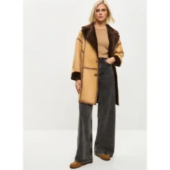 Knaplukket Vendbar Lang Frakke i Imiteret Materiale - Lys Brun