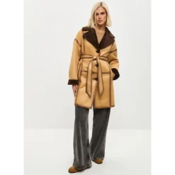 Knaplukket Vendbar Lang Frakke i Imiteret Materiale - Lys Brun