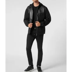 Nylon/Leather Hooded Jacket LS