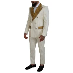 Off White Gold Stribet Tuxedo Slim Fit Suit