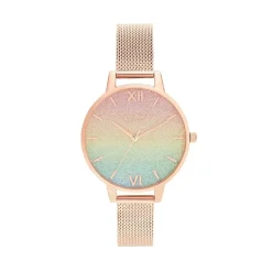 Rainbow Glitter Dial Rose Gold Mesh Watch