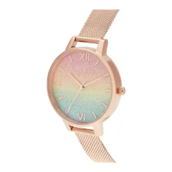 Rainbow Glitter Dial Rose Gold Mesh Watch