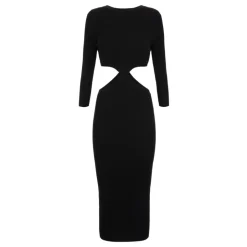 Ribstrikket Midi Kjole med Udskæring