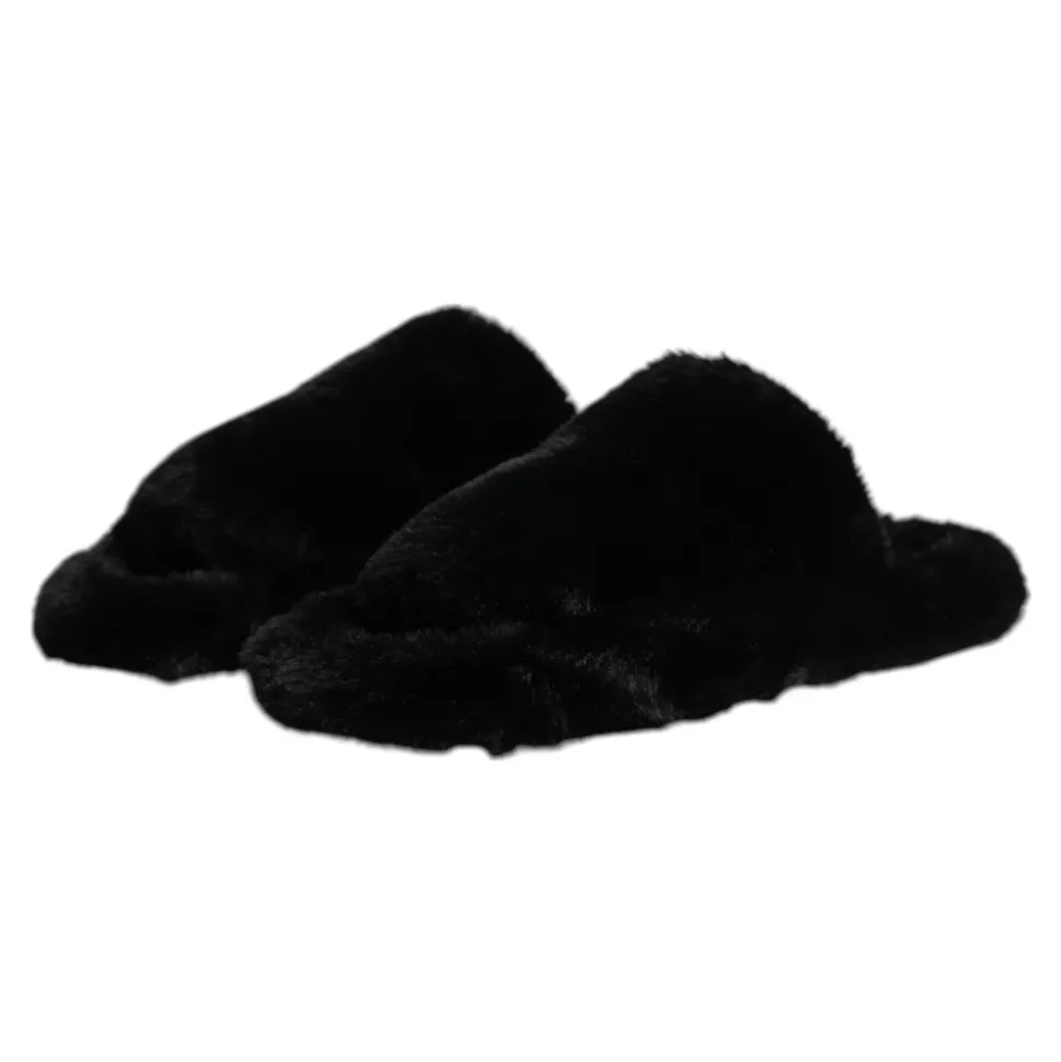 Sort Falsk Pels Slides Sandaler