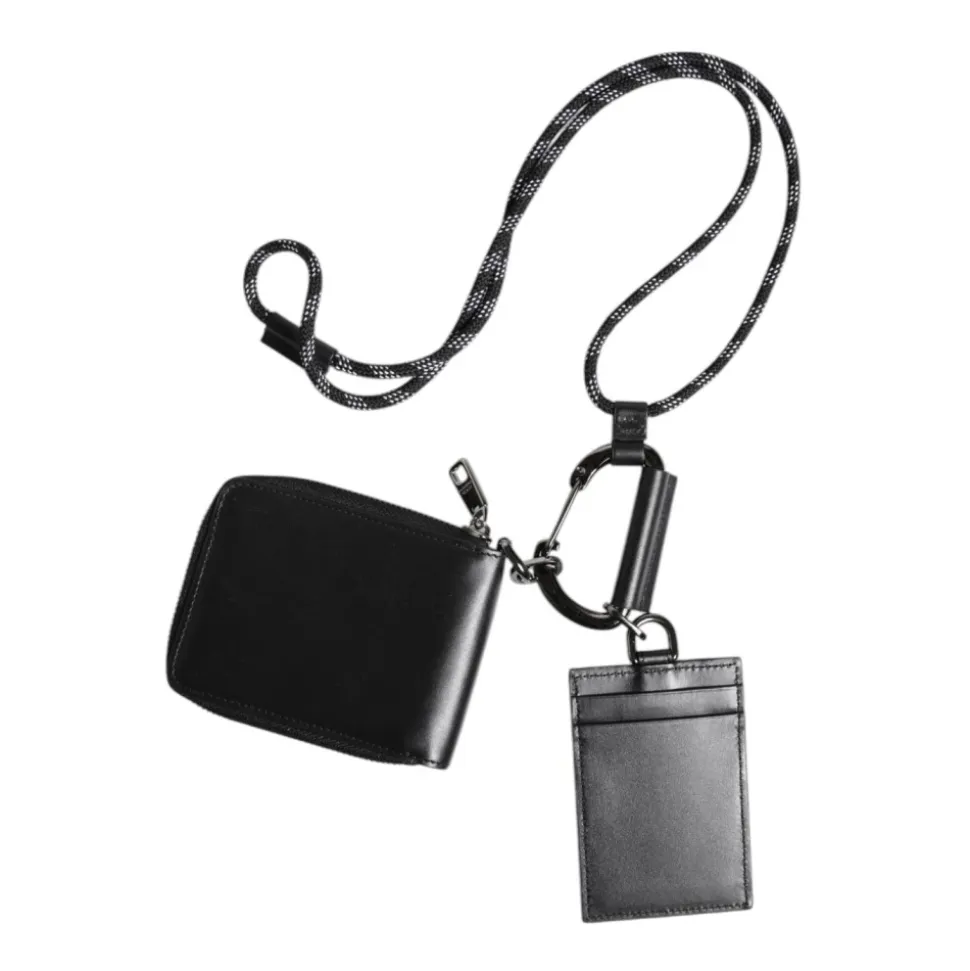 Sort Læder Lanyard Zip Around Kortholderpung