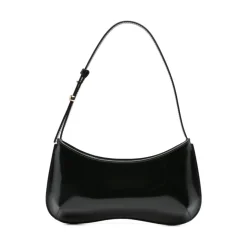 Sort Læder Skuldertaske Buet Silhuet