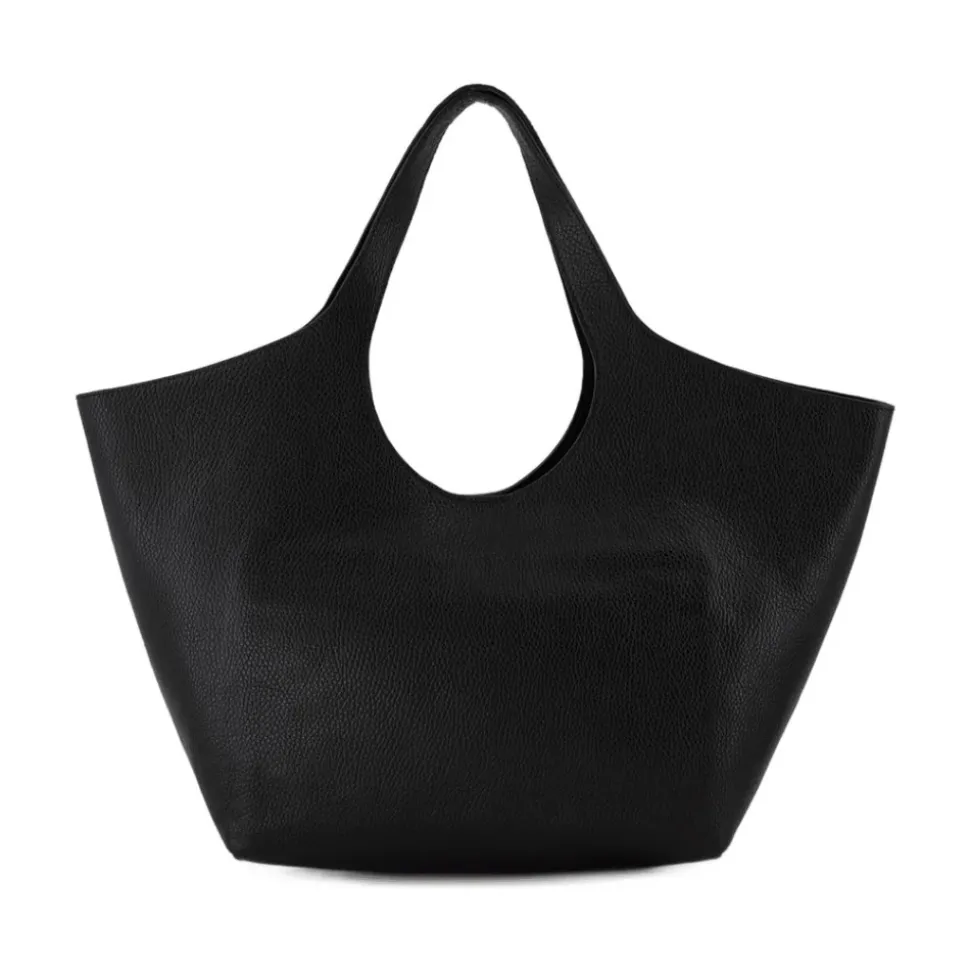 Sort Læder Tote Bag - Flaplukning