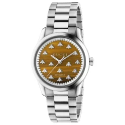 Stålkasse, brun tigerøje stendial med bier, stålarmbånd