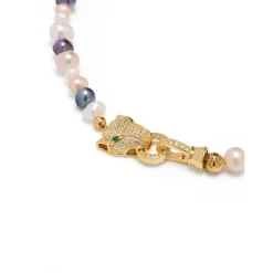 Women's Multi-Colored Pearl Choker with Gold Panther Head