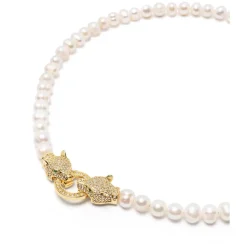 Women's Pearl Choker with Gold Double Panther Head