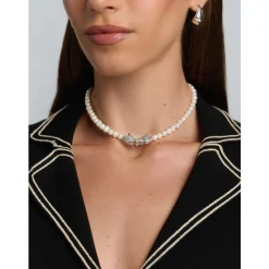 Women's Pearl Choker with Silver Double Panther Head